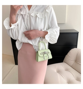 Close-up of mint green mini bag featuring a silver rhinestone bow and chain strap