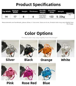 Size chart showing mini PU crossbody bag dimensions and seven available color options