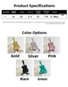 Detailed size chart for violin-shaped PU leather crossbody bag with multiple color options