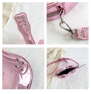 Detailed views of pink violin bag with heart studs and adjustable shoulder strap