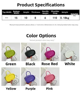 Detailed size chart and multi-color collage of mini PU leather crossbody chain bags