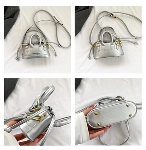 Detailed multi-angle view of silver mini crossbody bag with gold hardware and drawstring