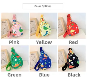 Close-up of children's colorful dinosaur chest bags available in six vibrant colors