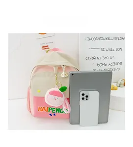 Size comparison of kids canvas backpack with tablet and smartphone devices