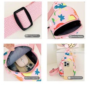Detail view of pink dinosaur chest bag showing adjustable strap and interior capacity