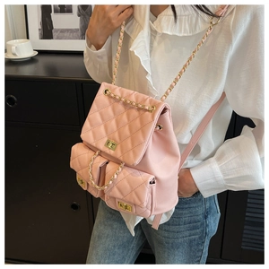 Pink quilted PU leather mini backpack with gold twist-locks and chain straps detail
