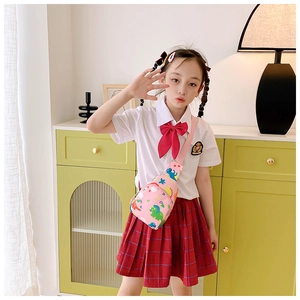 Close-up of pink girls' dinosaur chest bag with colorful patterns on adjustable strap
