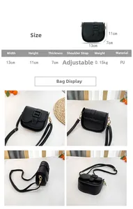Size guide for mini PU crossbody bag showing dimensions 13x11x7cm and adjustable strap