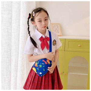 Blue kids dinosaur chest bag with adjustable strap and colorful cartoon prints for travel