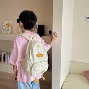 Cute cartoon duck canvas backpack for kindergarten kids in creamy white with orange feet