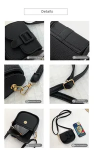 Detail view of black lychee-textured leather bag with gold buckle and magnetic closure