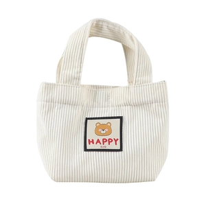 Kids corduroy handbag in beige with cute cartoon bear patch and HAPPY printed lettering