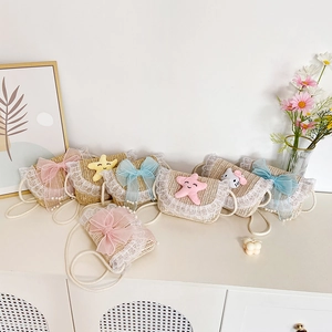 Kinderen Stro Geweven Schoudertas Schattige Kat Zeester Strik Kant Kunstparel Decoratie Zomer Strand Mode Meisjes