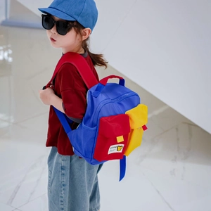 Kids colorful canvas backpack with red yellow and blue patchwork for kindergarten fashion
