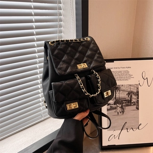 Women Quilted Mini Backpack PU Leather Diamond Pattern Gold Chain Strap Turn Lock Fashion Travel Casual Small Bag