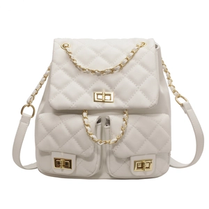 Elegant white quilted PU leather backpack with gold chain straps and rotating metal buckles