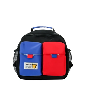 Kids lightweight canvas backpack with color-block blue and red pockets and top handle