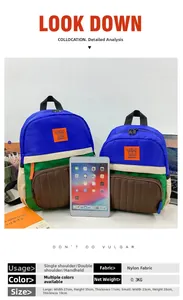 Size comparison of nylon backpacks featuring Happy Rabbit logo in blue and beige