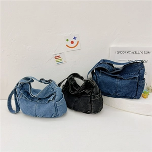 Kids Washed Denim Crossbody Bag Multi Pocket Casual Workwear Style Shoulder Bag For Boys And Girls Korean Fashion