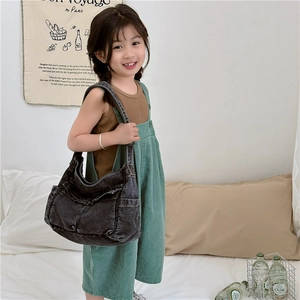 Kids vintage dark grey washed denim messenger bag with multiple functional outer pockets
