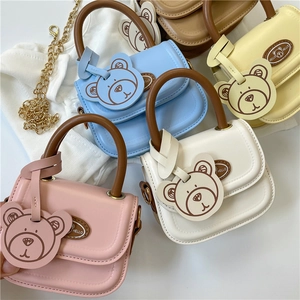 Kids Mini Shoulder Bag PU Leather Cute Bear Decor Handheld Crossbody Chain Strap Korean Style Girl Accessories Fashion