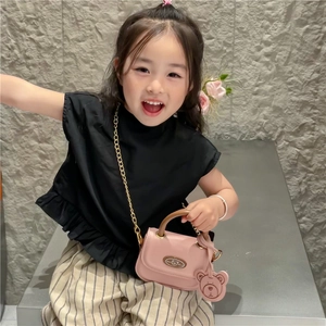 Pink cartoon bear mini handbag for girls with gold chain strap and bear charm