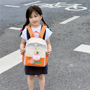 Cute contrast color canvas backpack for toddlers with strawberry plush keychain