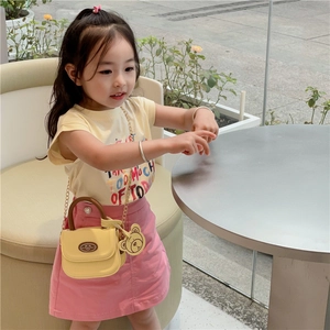 Cute yellow PU leather kids handbag with bear charm and gold chain strap for girls