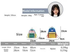 Guide des tailles de sac à dos en nylon avec dimensions, poids et bretelles réglables