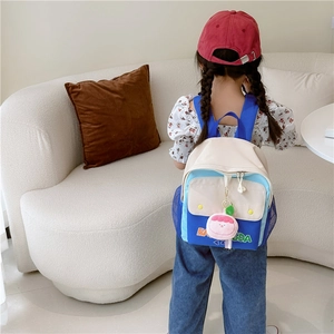 Cute color-block canvas toddler backpack with letter print and cartoon doll pendant