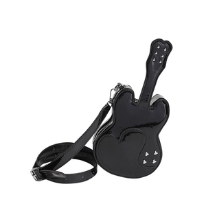 Unique black violin shaped crossbody bag with heart studs and adjustable shoulder strap