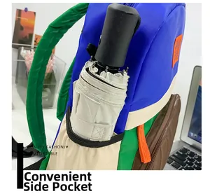 Detail view of the functional side pocket holding a folding umbrella on the canvas backpack