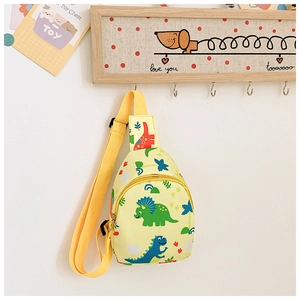 Close-up of yellow dinosaur canvas chest bag for kids with adjustable strap and zip