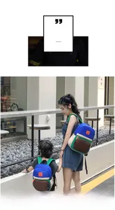 Outdoor shot of matching color-block canvas backpacks for parents and children