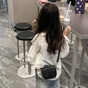 Classic black PU leather crossbody bag for girls with lychee texture and square buckle