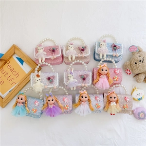 Kids Girls Sequin Tweed Crossbody Handbag With Artificial Pearl Handle Princess Doll Rabbit Decor Fashion Shoulder Bag