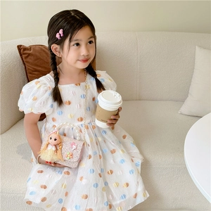 Polka dot bubble sleeve dress with pink sequin pearl handle bag for little girls