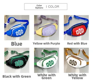 Detail showing six trendy contrast color nylon waist bags for kids in various combinations