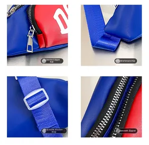 Detail of adjustable blue strap and custom silver zipper on a kids color-block bag