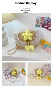 Detail of straw woven crossbody bag with yellow sunflower and white lace trim