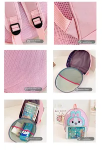 Detailed views of pink bunny toddler backpack with breathable mesh and padded straps