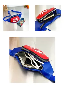 Detail view of colorful kids' waist bag featuring dual zipper pockets and interior capacity
