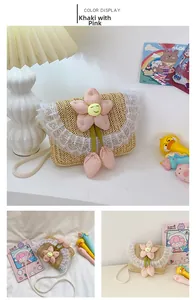 Detail of khaki woven straw cross-body bag for girls with pink sunflower and lace trim