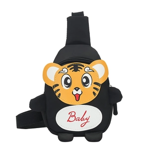 Schwarze Kinder-Brusttasche aus Canvas mit süßem Tiger-Motiv und verstellbarem Gurt