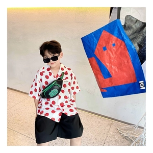 Kid modeling a stylish green and black chest bag with printed tomato shirt outfit