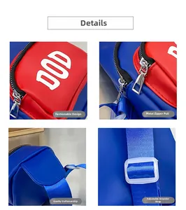 Detail view of red and blue contrast kids chest bag with DOD logo and durable metal zipper