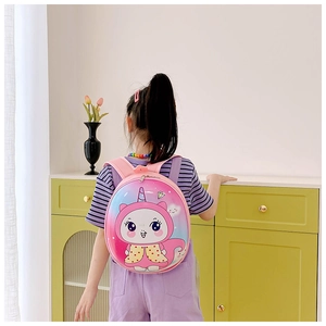Pink eggshell backpack for kids with a cute cartoon animal and padded shoulder straps