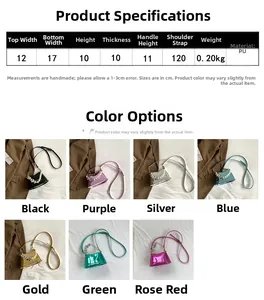 Detailed dimensions of mini pearl handle PU leather crossbody bag in seven metallic colors
