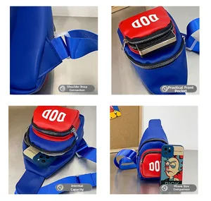Detail view of kids color-block crossbody bag featuring compartments and adjustable strap