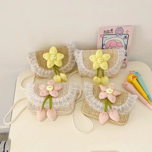 Kids Straw Woven Shoulder Bag With Lace Trim And Cute Plush Flower Girls Summer Mini Crossbody Purse Handbag